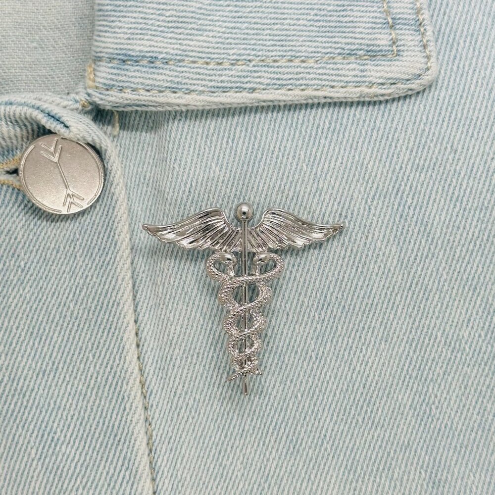 ✨Staff of Hermes Caduceus Medical Doctor Medicine Snakes Wing Broch Silver